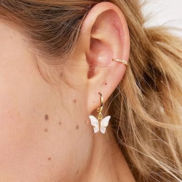 Neiman Marcus Butterfly Gold Dangle 14K Gold Plated Hoop Earrings with Clover - Picture 4 of 6